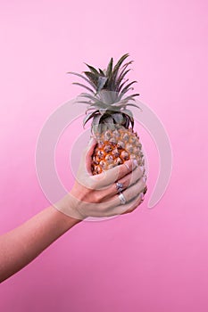 Woman Hand with fashion manicure holding tropical yellow pineapple.