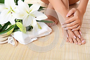 Woman hand and feet with manicure and Lily