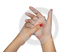 Woman hand finger with red nail. Hand trigger finger lock health