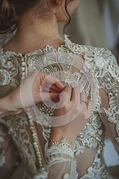 Woman hand fixing wedding dress sleeve with finger gesture