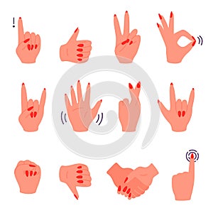 Woman hand gestures with red nails manicure set isolated on background. Thumb up and ok, peace and attention, like and