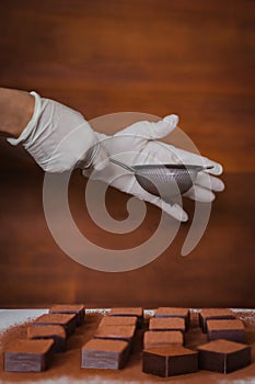 Woman hand with glove adding cacao powder on fresh nama chocolate.