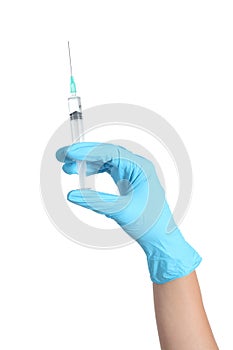 Woman hand with glove holding a syringe