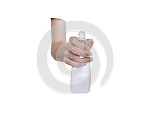 Woman hand, hold bottle spraying water