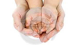 Woman hand hold a child's handful