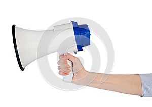 Woman hand hold loudspeaker photo