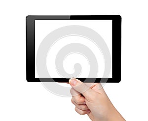 Woman hand hold a mini tablet computer