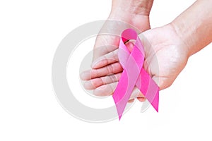 Woman hand hold pink ribbon on white background ,Awareness breast cancer concept