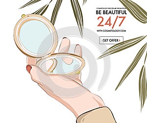 Woman hand holding beauty mirror, fashion style vintage illustration, cosmetolog promotion, summer beauty, cosmetics sale,