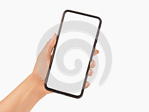 Woman hand holding black cell phone smartphone with blank white screen and modern frame less design - isolated on white background