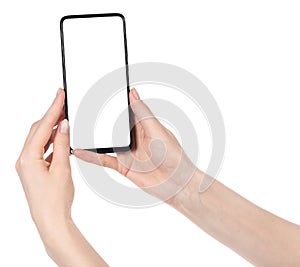 Woman hand holding the black new smartphone with blank screen isolated white background. hands using phone clipping path