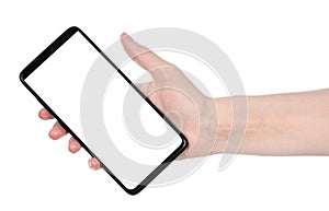 Woman hand holding the black new smartphone with blank screen isolated white background. hands using phone clipping path