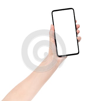 Woman hand holding the black new smartphone with blank screen isolated white background. hands using phone clipping path