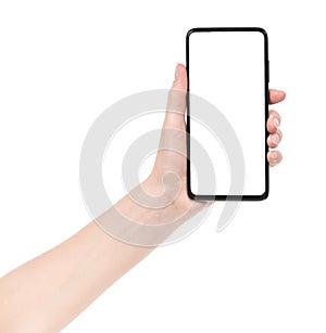 Woman hand holding the black new smartphone with blank screen isolated white background. hands using phone clipping path