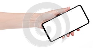 Woman hand holding the black new smartphone with blank screen isolated white background. hands using phone clipping path