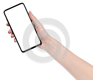 Woman hand holding the black new smartphone with blank screen isolated white background. hands using phone clipping path