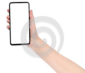 Woman hand holding the black new smartphone with blank screen isolated white background. hands using phone clipping path