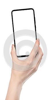 Woman hand holding the black new smartphone with blank screen isolated white background. hands using phone clipping path