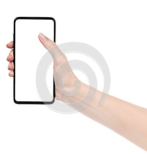 Woman hand holding the black new smartphone with blank screen isolated white background. hands using phone clipping path