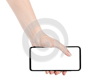 Woman hand holding the black new smartphone with blank screen isolated white background. hands using phone clipping path