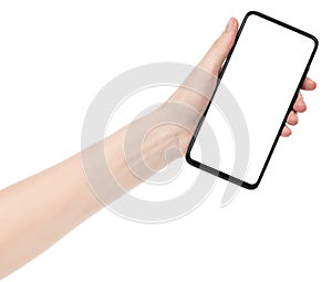 Woman hand holding the black new smartphone with blank screen isolated white background. hands using phone clipping path