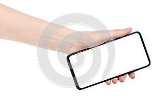 Woman hand holding the black new smartphone with blank screen isolated white background. hands using phone clipping path