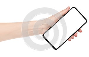 Woman hand holding the black new smartphone with blank screen isolated white background. hands using phone clipping path