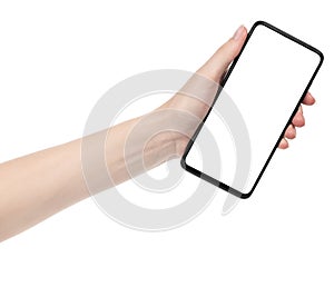 Woman hand holding the black new smartphone with blank screen isolated white background. hands using phone clipping path