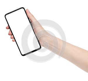 Woman hand holding the black new smartphone with blank screen isolated white background. hands using phone clipping path