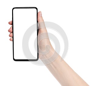 Woman hand holding the black new smartphone with blank screen isolated white background. hands using phone clipping path