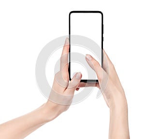 Woman hand holding the black new smartphone with blank screen isolated white background. hands using phone clipping path