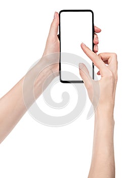 Woman hand holding the black new smartphone with blank screen isolated white background. hands using phone clipping path