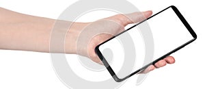 Woman hand holding the black new smartphone with blank screen isolated white background. hands using phone clipping path