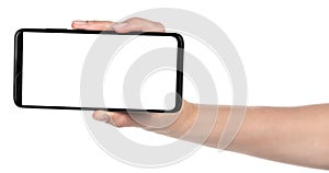 Woman hand holding the black new smartphone with blank screen isolated white background. hands using phone clipping path