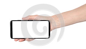 Woman hand holding the black new smartphone with blank screen isolated white background. hands using phone clipping path