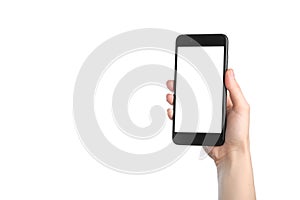 Woman hand holding black smartphone with blank white screen and modern frame isolated on white background