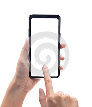 Woman hand holding the black smartphone and touching on blank screen isolated on white background with clipping path.