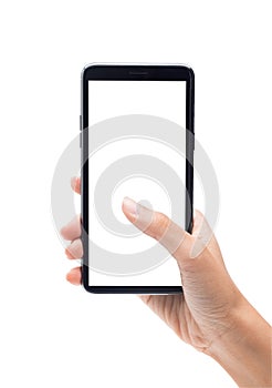 Woman hand holding the black smartphone and touching on blank screen isolated on white background with clipping path.