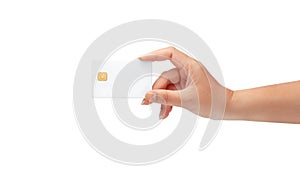 woman Hand holding blank credit chip card isolated on a white background with clipping path, for business and finance, or payment