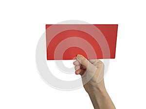 Woman hand holding blank red card paper, isolated on white background