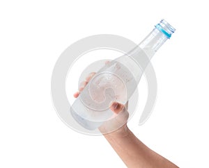 Woman hand holding a bottle of water with white background