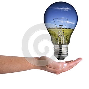 Woman hand holding bulb with spring landscape