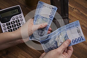 Woman hand holding cash Hungarian forint banknotes, business calculations and expenses, business and people concept.