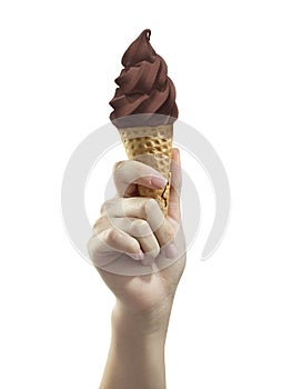 A woman hand holding Chocolate ice cream scoop on cone