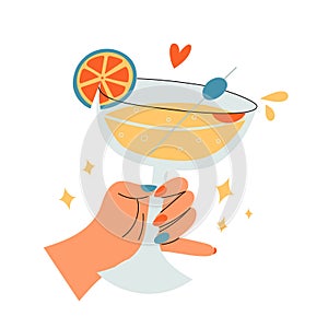 Woman hand holding a cocktail glass with lemon and olive, cheers to party, toast and love sign