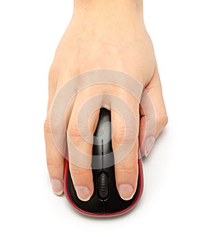 Woman hand holding computer mouse.