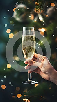 Woman hand holding a glass of champagne, Christmas celebration.
