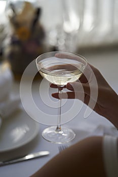 Woman hand holding glass with martini cocktail, close-up