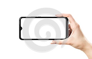 Woman hand holding horizontally modern smart phone isolated on white background