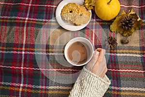 Woman hand holding hot chocolate cup top view on cosy autumn bla